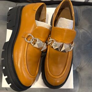 Ash Orange platform Loafers with Silver Chain Detail in Tan